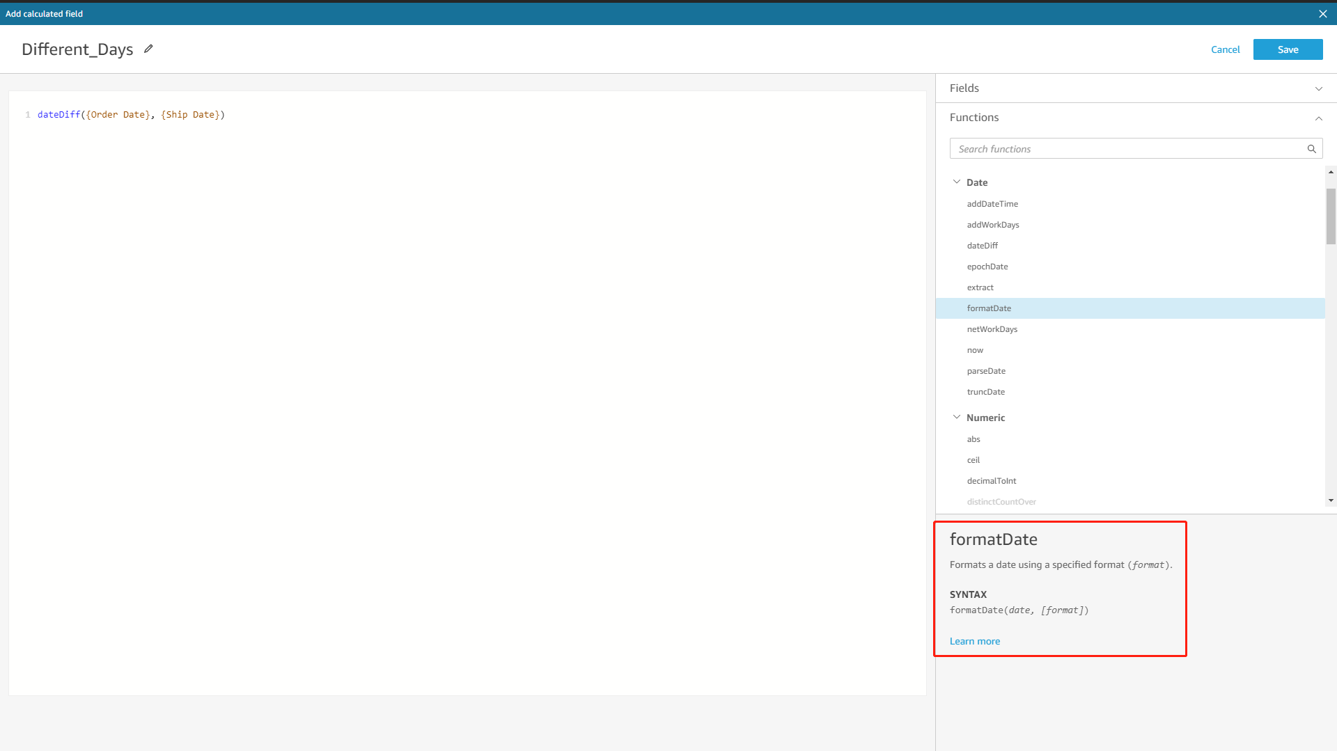 Figure 2-37 Formula examples - Amazon QuickSight